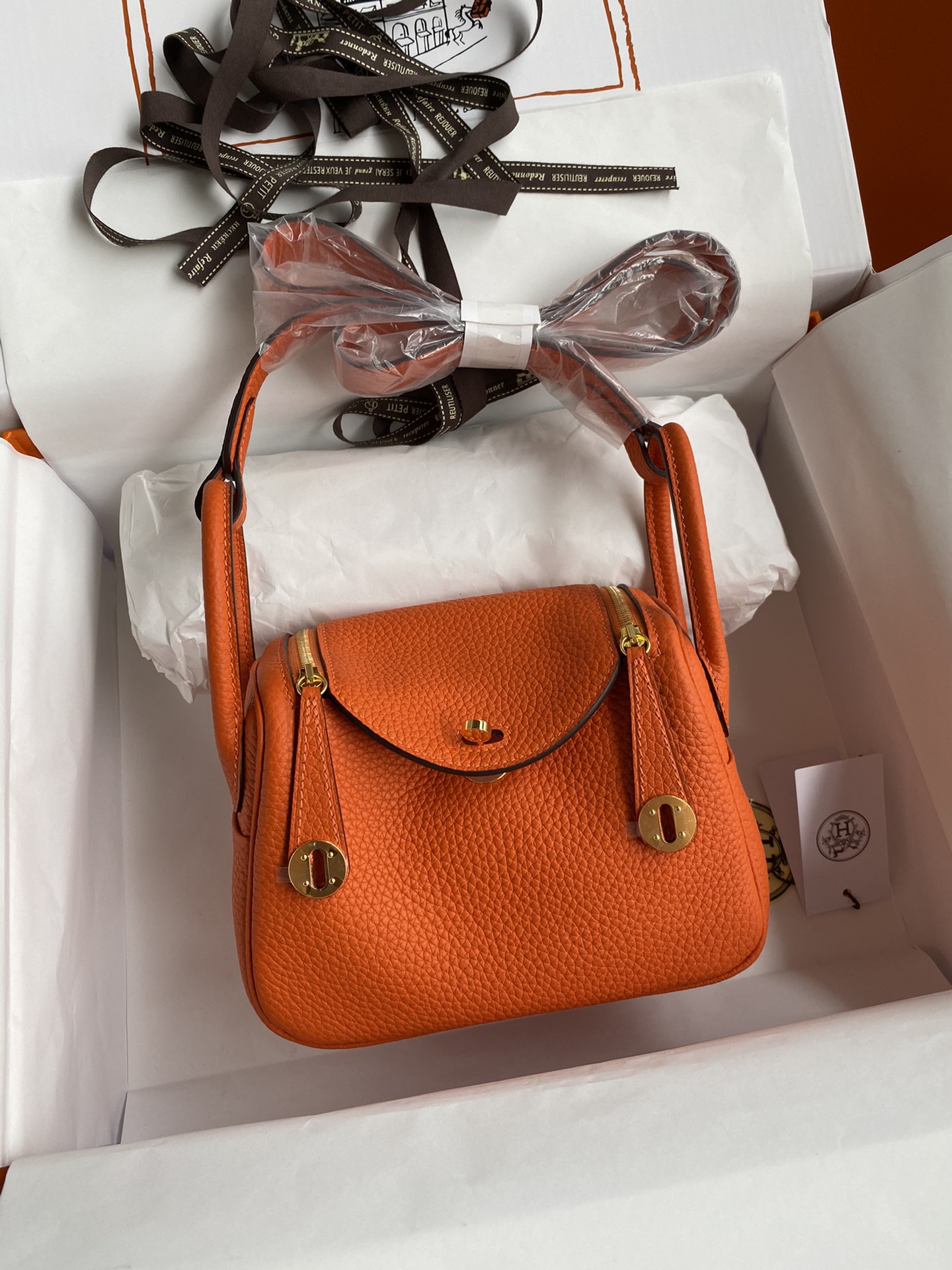 Hermes Mini Lindy 19cm Handbag Shoulder Bag In Orange Clemence Leather